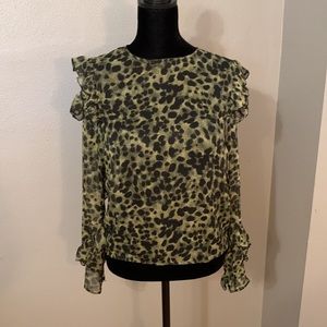 H&M gorgeous green black animal print sheer top sexy size 2 ruffle sleeve
